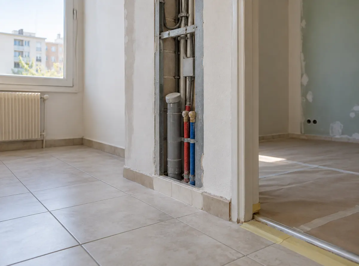 Illustration d’un appartement en rénovation avec gaine technique et raccord de sol