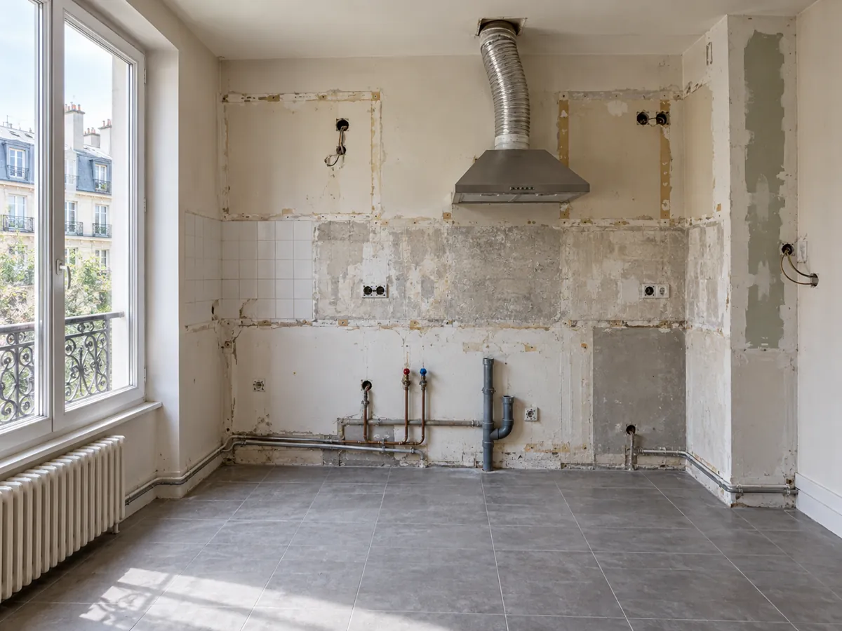 Illustration d’une cuisine déposée montrant les raccordements et les murs à reprendre