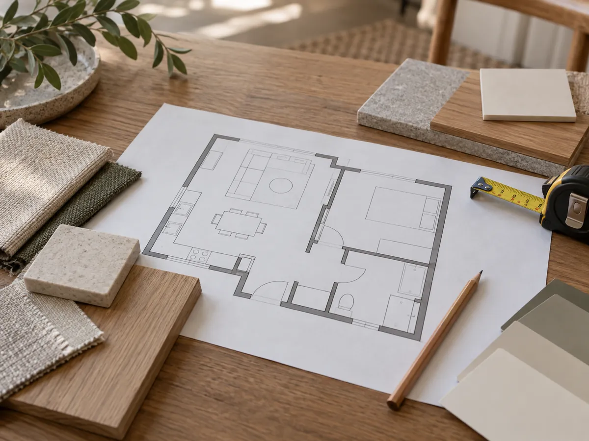Illustration d’un plan de logement, de matériaux et d’un mètre sur une table