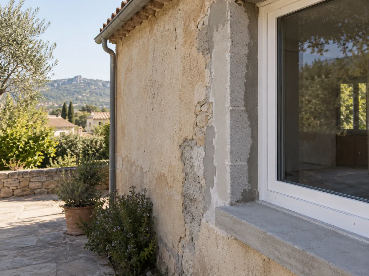 Illustration d’un raccord entre une fenêtre récente et un mur extérieur ancien