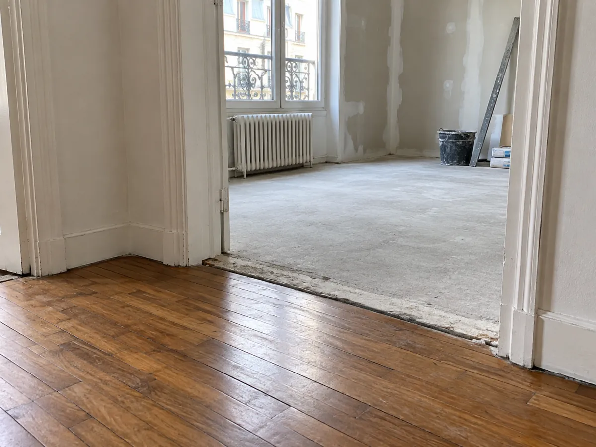 Illustration d’un parquet conservé rencontrant un sol en cours de reprise